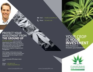 PROTECT YOUR
INVESTMENT FROM
THE GROUND UP
As the world’s most successful
organizations seek expert counsel for
legal, marketing or accounting concerns,
dispensary owners look to the expertise
of horticulturists who specialize in
government-compliant, integrated pest
management.
With changes in this arena occurring
every day, now’s the time to protect your
business against loss and government
interference.
Contact Cannabis IPM today to learn
more.
Phone | 303.900.3128
Email | info@CannabisIPM.com
Email | info@CannabisIPM.com
Phone | 303.900.3128
www.CannabisIPM.comwww.CannabisIPM.com
YOUR CROP
IS YOUR
INVESTMENT
What threatens it,
threatens your bottom line.
 