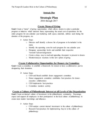 The Nonprofit Leaders Role in the Culture of Philanthropy 12
Strategic Plan
Strategic Plan
2016 through 2017
Create Menu of Giving
Goal: Create a “menu” of giving opportunities which allows donors to select a particular
program or initiative which interests them; representing the actual cost of operations for the
entire program for one calendar year including staff, space, materials, utilities used during the
duration of the program, etc.
 Action Steps
o Director staff identify a diverse list of programs to be included in the
menu
o Identify the operating costs for each program for one calendar year
o Designate sponsorship levels and establish their respective
“rewards”/acknowledgements
o Create a clean, easy to read and appealing document to present to donors
o Monitor/analyze reactions to this new option of giving
Create Collaborative Opportunities for Donors via Committee
Goal: Create a committee to establish a framework for donors to have a collaborative part in
designating their donations.
 Action Steps
o CEO and Board establish donor engagement committee
o Donor engagement committee establishes best practices for donor-
executive collaboration
o CEO implements best practices
o Committee monitors activity
Create a Culture of Philanthropic Interest at all Levels of the Organization
Goal: Create an internal culture of investment in the philanthropic community. Encourage,
expect and support all employees in their participation in the local culture of philanthropy to
create more insider knowledge and influence.
 Action Steps
o CEO analyze current internal investment in the culture of philanthropy
o Research best practices for implementing buy-in to the culture of
philanthropy
 