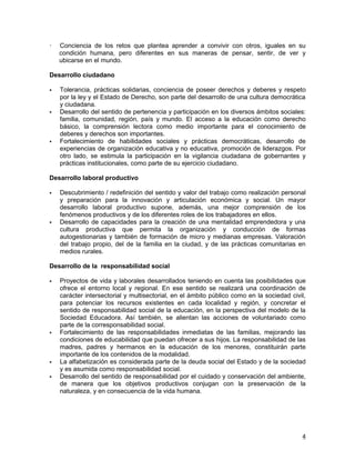    Conciencia de los retos que plantea aprender a convivir con otros, iguales en su
    condición humana, pero diferentes en sus maneras de pensar, sentir, de ver y
    ubicarse en el mundo.

Desarrollo ciudadano

   Tolerancia, prácticas solidarias, conciencia de poseer derechos y deberes y respeto
    por la ley y el Estado de Derecho, son parte del desarrollo de una cultura democrática
    y ciudadana.
   Desarrollo del sentido de pertenencia y participación en los diversos ámbitos sociales:
    familia, comunidad, región, país y mundo. El acceso a la educación como derecho
    básico, la comprensión lectora como medio importante para el conocimiento de
    deberes y derechos son importantes.
   Fortalecimiento de habilidades sociales y prácticas democráticas, desarrollo de
    experiencias de organización educativa y no educativa, promoción de liderazgos. Por
    otro lado, se estimula la participación en la vigilancia ciudadana de gobernantes y
    prácticas institucionales, como parte de su ejercicio ciudadano.

Desarrollo laboral productivo

   Descubrimiento / redefinición del sentido y valor del trabajo como realización personal
    y preparación para la innovación y articulación económica y social. Un mayor
    desarrollo laboral productivo supone, además, una mejor comprensión de los
    fenómenos productivos y de los diferentes roles de los trabajadores en ellos.
   Desarrollo de capacidades para la creación de una mentalidad emprendedora y una
    cultura productiva que permita la organización y conducción de formas
    autogestionarias y también de formación de micro y medianas empresas. Valoración
    del trabajo propio, del de la familia en la ciudad, y de las prácticas comunitarias en
    medios rurales.

Desarrollo de la responsabilidad social

   Proyectos de vida y laborales desarrollados teniendo en cuenta las posibilidades que
    ofrece el entorno local y regional. En ese sentido se realizará una coordinación de
    carácter intersectorial y multisectorial, en el ámbito público como en la sociedad civil,
    para potenciar los recursos existentes en cada localidad y región, y concretar el
    sentido de responsabilidad social de la educación, en la perspectiva del modelo de la
    Sociedad Educadora. Así también, se alientan las acciones de voluntariado como
    parte de la corresponsabilidad social.
   Fortalecimiento de las responsabilidades inmediatas de las familias, mejorando las
    condiciones de educabilidad que puedan ofrecer a sus hijos. La responsabilidad de las
    madres, padres y hermanos en la educación de los menores, constituirán parte
    importante de los contenidos de la modalidad.
   La alfabetización es considerada parte de la deuda social del Estado y de la sociedad
    y es asumida como responsabilidad social.
   Desarrollo del sentido de responsabilidad por el cuidado y conservación del ambiente,
    de manera que los objetivos productivos conjugan con la preservación de la
    naturaleza, y en consecuencia de la vida humana.




                                                                                           4
 