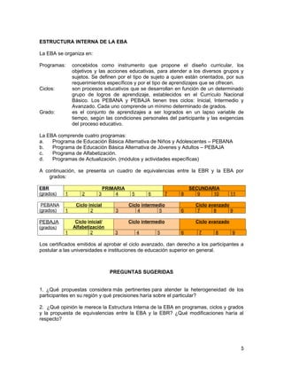 ESTRUCTURA INTERNA DE LA EBA

La EBA se organiza en:

Programas:     concebidos como instrumento que propone el diseño curricular, los
               objetivos y las acciones educativas, para atender a los diversos grupos y
               sujetos. Se definen por el tipo de sujeto a quien están orientados, por sus
               requerimientos específicos y por el tipo de aprendizajes que se ofrecen.
Ciclos:        son procesos educativos que se desarrollan en función de un determinado
               grupo de logros de aprendizaje, establecidos en el Currículo Nacional
               Básico. Los PEBANA y PEBAJA tienen tres ciclos: Inicial, Intermedio y
               Avanzado. Cada uno comprende un mínimo determinado de grados.
Grado:         es el conjunto de aprendizajes a ser logrados en un lapso variable de
               tiempo, según las condiciones personales del participante y las exigencias
               del proceso educativo.

La EBA comprende cuatro programas:
a.   Programa de Educación Básica Alternativa de Niños y Adolescentes – PEBANA
b.   Programa de Educación Básica Alternativa de Jóvenes y Adultos – PEBAJA
c.   Programa de Alfabetización.
d.   Programas de Actualización. (módulos y actividades específicas)

A continuación, se presenta un cuadro de equivalencias entre la EBR y la EBA por
   grados:

EBR                             PRIMARIA                              SECUNDARIA
(grados)   1       2       3         4      5       6         7   8      9    10         11

 PEBANA         Ciclo inicial              Ciclo intermedio             Ciclo avanzado
(grados)   1           2            3          4        5         6      7      8      9

PEBAJA          Ciclo inicial/             Ciclo intermedio             Ciclo avanzado
(grados)       Alfabetización
           1           2            3           4       5         6      7      8        9

Los certificados emitidos al aprobar el ciclo avanzado, dan derecho a los participantes a
postular a las universidades e instituciones de educación superior en general.



                                  PREGUNTAS SUGERIDAS


1. ¿Qué propuestas considera más pertinentes para atender la heterogeneidad de los
participantes en su región y qué precisiones haría sobre el particular?

2. ¿Qué opinión le merece la Estructura Interna de la EBA en programas, ciclos y grados
y la propuesta de equivalencias entre la EBA y la EBR? ¿Qué modificaciones haría al
respecto?




                                                                                              5
 