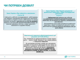 ЧИ ПОТРІБЕН ДОЗВІЛ?
14
Закон України «Про зайнятість населення»
Стаття 39
1. Діяльність суб'єктів господарювання - роботодавців,
які наймають працівників для подальшого виконання
ними роботи в Україні в іншого роботодавця на умовах
трудових договорів, здійснюється на підставі дозволу,
виданого центральним органом виконавчої влади, що
реалізує державну політику у сфері зайнятості
населення та трудової міграції.
Закон України «Про Перелік документів
дозвільного характеру у сфері господарської
діяльності»
Стаття 1
… Забороняється вимагати від суб'єктів
господарювання отримання документів дозвільного
характеру, які не внесені до Переліку, затвердженого
цим Законом…
…Встановлення інших видів документів дозвільного
характеру у сфері господарської діяльності може
здійснюватися шляхом внесення відповідних змін до
цього Закону.
Херсонський окружний адміністративний суд
(рішення від 18.06.2018 р.)
Так, позивачем до адміністративного позову надано
витяг … проте у графі «Відомості про номер дозволу
…» інформація відсутня.
…За наслідками розгляду справи про накладення
штрафів за порушення законодавства про працю та
зайнятість населення, 20.04.2018 р. начальником ГУ
Держпраці у Херсонській області правомірно
винесено постанову № 21-01-229/057-13с про
накладення штрафу на ФОП ОСОБА_4 у розмірі
223380 грн.
 