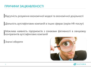 ПРИЧИНИ ЗАЦІКАВЛЕНОСТІ
5
Відсутність розуміння економічної моделі та економічної доцільності
Діяльність аутстафінгових компаній в інших сферах (окрім HR-послуг)
Можлива наявність підприємств з ознаками фіктивності в ланцюжку
контрагентів аутстафінгових компаній
Значні обороти
 