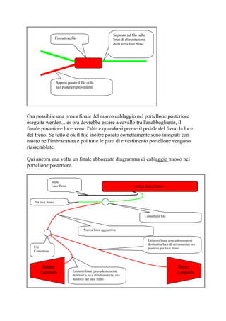 Ora possibile una prova finale del nuovo cablaggio nel portellone posteriore
eseguita werden... es ora dovrebbe essere a cavallo tra l'anabbagliante, il
fanale posteriore luce verso l'alto e quando si preme il pedale del freno la luce
del freno. Se tutto è ok il filo inoltre posato correttamente sono integrati con
nastro nell'imbracatura e poi tutte le parti di rivestimento portellone vengono
riassemblate.
Qui ancora una volta un finale abbozzato diagramma di cablaggio nuovo nel
portellone posteriore.
Separato sul filo nella
linea di alimentazione
della terza luce freno
Appena posato il filo delle
luci posteriori provenienti
Connettore filo
terza luce freno
Sinistra
Lampada
Diritti
Lampada
Esistenti linee (precedentemente
destinati a luce di retromarcia) ora
positivo per luce freno
Nuova linea aggiuntiva
Connettore filo
Fili
Connettore
Meno
Luce freno
Più luce freno
Esistenti linee (precedentemente
destinati a luce di retromarcia) ora
positivo per luce freno
 
