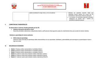 Unidad de Gestión Educativa Local N° 02
CENTRO DE EDUCACIÓN BÁSICA ALTERNATIVA
N° 2029 “SIMÒN BOLIVAR”
“Formando Estudiantes Emprendedores”
estado de satisfacción consigo mismo y con la circunstancia. esfuerzan por superarse, proponen metas que
representan avances respecto de su actual nivel de
posibilidades en determinados ámbitos de desempeño.
 Los docentes y los estudiantes desarrollan actividades
pedagógicas que plantean retos o desafíos que
promueven la superación personal.
V. COMPETENCIAS TRANSVERSALES
Se desenvuelve en entornos virtuales generados por las TIC:
 Gestiona información del entorno virtual
Desarrolla actividades colaborativas configurándolas desde su perfil personal virtual siguiendo pautas de comportamiento ético para acceder de manera metódica.
Gestiona su aprendizaje de manera autónoma:
 Define metas de aprendizaje.
Determina metas personales de aprendizaje viables relacionándolos con sus capacidades, habilidades y potencialidades para autorregular sus aprendizajes en base al
logro de la tarea.
VI. SECUENCIAS DE SESIONES:
 Sesión 1: Residuos sólidos representados en cantidades (Parte I)
 Sesión 2: Residuos sólidos representados en cantidades (Parte II)
 Sesión 3: Residuos sólidos representados en cantidades (Parte III)
 Sesión 4: Cuidemos nuestra salud mediante modelos matemáticos. (Parte I)
 Sesión 5: Cuidemos nuestra salud mediante modelos matemáticos (Parte II)
 Sesión 6: Cuidemos nuestra salud mediante modelos matemáticos (Parte III)
 