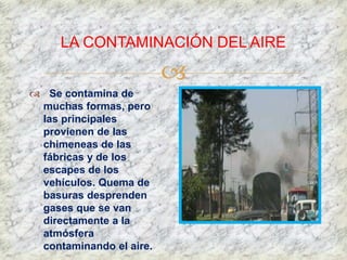 
LA CONTAMINACIÓN DEL AIRE
 Se contamina de
muchas formas, pero
las principales
provienen de las
chimeneas de las
fábricas y de los
escapes de los
vehículos. Quema de
basuras desprenden
gases que se van
directamente a la
atmósfera
contaminando el aire.
 
