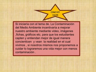 Si iniciaría con el tema de. La Contaminación
del Medio Ambiente incentivaría a mejorar
nuestro ambiente mediante video, imágenes
,fichas, gráficos etc. para que los estudiantes
capten y entiendan mejor de igual manera
concienticen y vean la realidad en el cual
vivimos , si nosotros mismos nos proponemos a
cuidar lo lograremos una vida mejor con menos
contaminación .
COMOVOY
HACER
 