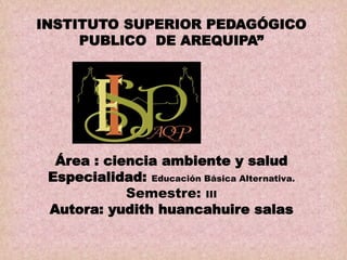 INSTITUTO SUPERIOR PEDAGÓGICO
PUBLICO DE AREQUIPA”
Área : ciencia ambiente y salud
Especialidad: Educación Básica Alternativa.
Semestre: III
Autora: yudith huancahuire salas
 