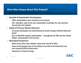 S A IC.comS A IC.comS A IC.comS A IC.com
© SAIC. All rights reserved.
3
What Was Unique About This Project?
• Breadth of Stakeholder Participation
– 190+ stakeholders were involved in the process
– 30+ attended each of the four stakeholder meetings; the rest received
documents and updates
• Depth of Primary Market Research
– 6 surveys developed and administered by Austin Energy’s Market Research
group
– Over 1,000 PEV industry stakeholders - throughout the TRC and the United
States - participated in the surveys
• Municipal Perspective
– Most of the other early adopter areas were served by IOUs
– Focus of this project was on the ability to be able to sell electricity and
own/operate EVSE infrastructure
– Experience of Austin Energy
 