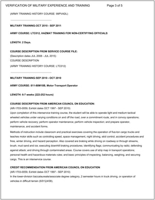 (ARMY TRAINING HISTORY COURSE: 99PVADL)
MILITARY TRAINING:OCT 2010 - SEP 2011
ARMY COURSE: LTC012, HAZMAT TRAINING FOR NON-CERTIFYING OFFICIALS
LENGTH: 2 Days.
COURSE DESCRIPTION FROM SERVICE COURSE FILE:
(Description dates JUL 2008 - JUL 2015)
COURSE DESCRIPTION
(ARMY TRAINING HISTORY COURSE: LTC012)
MILITARY TRAINING:SEP 2010 - OCT 2010
ARMY COURSE: 811-88M10B, Motor Transport Operator
LENGTH: 6-7 weeks (222-252 hours)
COURSE DESCRIPTION FROM AMERICAN COUNCIL ON EDUCATION:
(AR-1703-0059, Exhibit dates OCT 1997 - SEP 2010)
Upon completion of this interservice training course, the student will be able to operate light and medium tactical
wheeled vehicles under varying conditions on and off the road, over a commitment route, and in convoy operations;
perform vehicle recovery; perform operator maintenance; perform vehicle inspection; and prepare operator,
maintenance, and accident forms.
Methods of instruction include classroom and practical exercises covering the operation of five-ton cargo trucks and
teaches motor skills such as controlling speed, space management, night driving, skid control, accident procedures and
fires, winter driving, and hazard perception. Also covered are braking while driving on roadway or through streams,
brush, mud sand and ice; executing downhill braking procedures; identifying flags; communicating by radio; defending
against attack; and driving through contaminated areas. Course covers use of strip map in transport operations;
personal health and hazardous materials rules; and basic principles of inspecting, balancing, weighing, and securing
cargo. This is an interservice course.
CREDIT RECOMMENDATION FROM AMERICAN COUNCIL ON EDUCATION
(AR-1703-0059, Exhibit dates OCT 1997 - SEP 2010)
In the lower-division baccalaureate/associate degree category, 2 semester hours in truck driving, or operation of
vehicles in difficult terrain (6/01)(4/08).
_____________________________
_____________________________
VERIFICATION OF MILITARY EXPERIENCE AND TRAINING Page 3 of 5
 