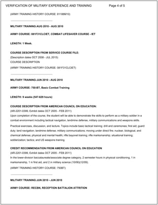 (ARMY TRAINING HISTORY COURSE: 81188M10)
MILITARY TRAINING:AUG 2010 - AUG 2010
ARMY COURSE: 081F31CLCIET, COMBAT LIFESAVER COURSE - IET
LENGTH: 1 Week.
COURSE DESCRIPTION FROM SERVICE COURSE FILE:
(Description dates OCT 2008 - JUL 2015)
COURSE DESCRIPTION
(ARMY TRAINING HISTORY COURSE: 081F31CLCIET)
MILITARY TRAINING:JUN 2010 - AUG 2010
ARMY COURSE: 750-BT, Basic Combat Training
LENGTH: 9 weeks (547-629 hours)
COURSE DESCRIPTION FROM AMERICAN COUNCIL ON EDUCATION:
(AR-2201-0399, Exhibit dates OCT 2005 - FEB 2011)
Upon completion of the course, the student will be able to demonstrate the skills to perform as a military soldier in a
combat environment including tactical navigation, landmine defense, military communications and weapons skills.
Practical exercises, discussion, and lecture. Topics include basic tactical training; drill and ceremonies; first aid; guard
duty; land navigation; landmine defense; military communications; moving under direct fire; nuclear, biological, and
chemical defense; physical and mental health; rifle bayonet training; rifle marksmanship; situational training;
soldierization; tactics; and US weapons training.
CREDIT RECOMMENDATION FROM AMERICAN COUNCIL ON EDUCATION
(AR-2201-0399, Exhibit dates OCT 2005 - FEB 2011)
In the lower-division baccalaureate/associate degree category, 2 semester hours in physical conditioning, 1 in
marksmanship, 1 in first aid, and 2 in military science (10/06)(12/09).
(ARMY TRAINING HISTORY COURSE: 750BT)
MILITARY TRAINING:JUN 2010 - JUN 2010
ARMY COURSE: RECBN, RECEPTION BATTALION ATTRITION
_____________________________
_____________________________
_____________________________
VERIFICATION OF MILITARY EXPERIENCE AND TRAINING Page 4 of 5
 