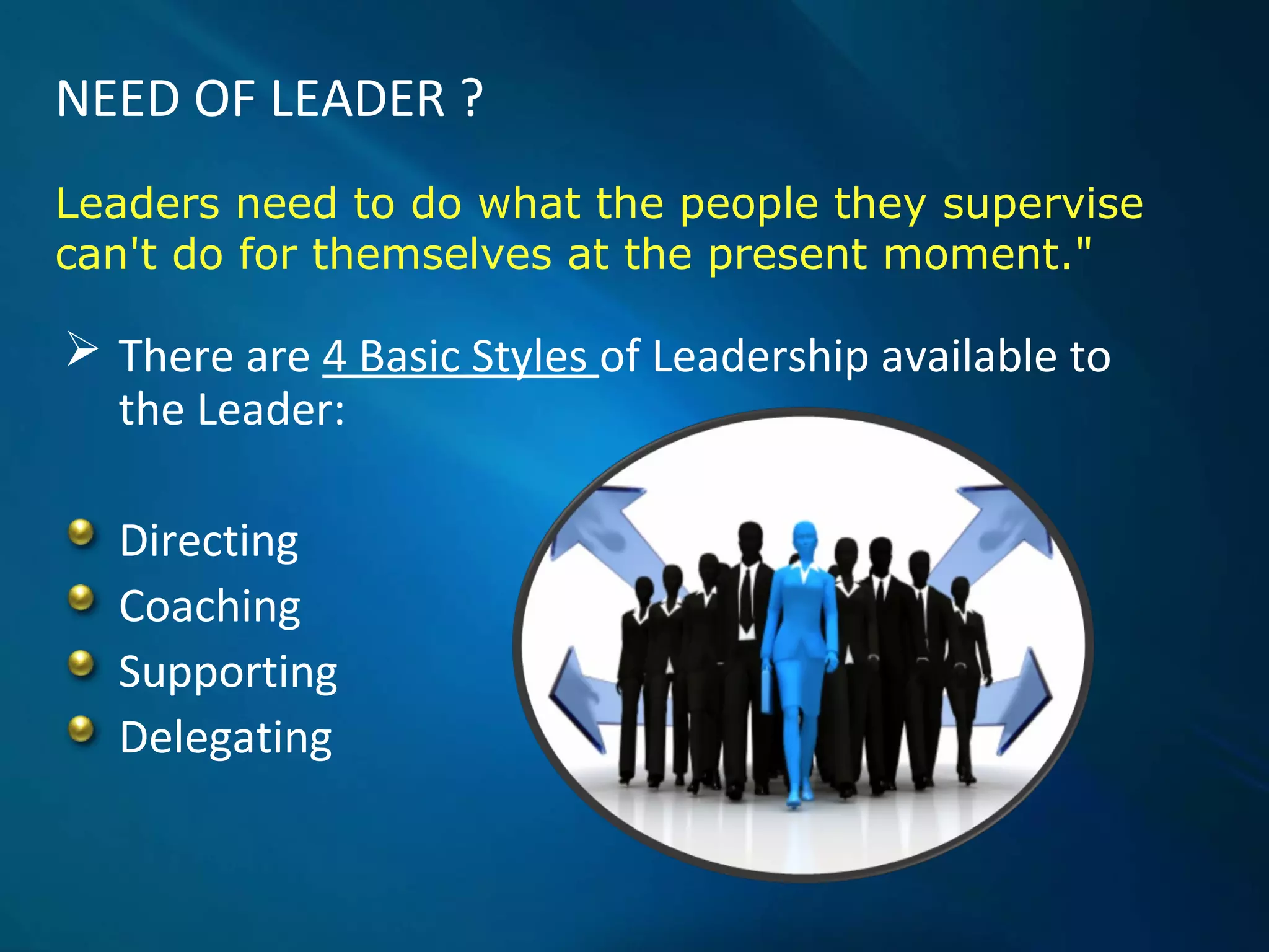  There are 4 Basic Styles of Leadership available to
the Leader:
Directing
Coaching
Supporting
Delegating
Leaders need to do what the people they supervise
can't do for themselves at the present moment."
NEED OF LEADER ?
 