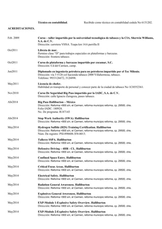 Técnico en contabilidad. Recibido como técnico en contabilidad cedula No 6131202.
ACREDITACIONES.
Feb. 2009 Curso – taller impartido por la universidad tecnológica de tabasco y la CIA. Sherwin Williams,
S.A. de C.V.
Dirección: carretera VHSA. Teapa km 14.6 parrilla II
Oct2011 Libreta de mar.
Permiso clase “D” para trabajos especiales en plataformas y barcazas.
Dirección: frontera tabasco.
Oct2011 Curso de plataforma y barcazas impartido por cocamar, S.C.
Dirección: Cd del Carmen, camp.
Jun2011 Diplomado en ingeniería petrolera para no petroleros impartido por el Tec Milenio.
Dirección: vía 3 #126 col hacienda tabasco 2000 Villahermosa, tabasco.
Teléfono: 9933126672, 3126898.
May2011 Licencia de chofer.
Habilidad en transporte de personal y conocer parte de la ciudad de tabasco No 1CH552361.
Nov2010 Curso De Seguridad Rig Pass impartido por la IADC, S.A. de C.V.
Dirección: calle Ignacio Zaragoza, paseo tabasco.
Abr2014 Rig Pass Halliburton – México
Dirección: Reforma +800 s/n, el Carmen, reforma municipio reforma, cp. 29500, chis.
Folio IADC: 180924.
No. De programa: R187143
Abr2014 Stop Work Authority (SWA). Halliburton
Dirección: Reforma +800 s/n, el Carmen, reforma municipio reforma, cp. 29500, chis.
May2014 Hydrogen Sulfide (H2S) Training Certification. Halliburton
Dirección: Reforma +800 s/n, el Carmen, reforma municipio reforma, cp. 29500, chis.
Núm. De registro: PSI-890608-3F8-0013.
May2014 Talleres SSPA. Halliburton
Dirección: Reforma +800 s/n, el Carmen, reforma municipio reforma, cp. 29500, chis.
May2014 Defensive Driving – 4HR - CL. Halliburton
Dirección: Reforma +800 s/n, el Carmen, reforma municipio reforma, cp. 29500, chis.
May2014 Confined Space Entry. Halliburton
Dirección: Reforma +800 s/n, el Carmen, reforma municipio reforma, cp. 29500, chis.
May2014 Critical Focus Areas. Halliburton
Dirección: Reforma +800 s/n, el Carmen, reforma municipio reforma, cp. 29500, chis.
May2014 Electrical Safety. Halliburton
Dirección: Reforma +800 s/n, el Carmen, reforma municipio reforma, cp. 29500, chis.
May2014 Radation General Awareness. Halliburton
Dirección: Reforma +800 s/n, el Carmen, reforma municipio reforma, cp. 29500, chis.
May2014 Explosives General Awereness. Halliburton
Dirección: Reforma +800 s/n, el Carmen, reforma municipio reforma, cp. 29500, chis.
May2014 EXP-Module 1-Explosive Safety Overview. Halliburton
Dirección: Reforma +800 s/n, el Carmen, reforma municipio reforma, cp. 29500, chis.
May2014 EXP-Module 2-Explosive Safety Overview. Halliburton
Dirección: Reforma +800 s/n, el Carmen, reforma municipio reforma, cp. 29500, chis.
 