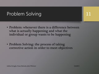 Problem Solving
• Problem: whenever there is a difference between
what is actually happening and what the
individual or group wants to be happening
• Problem Solving: the process of taking
corrective action in order to meet objectives
3/4/2015Ashlea Swingle, Grace Borisuk, Julie Whitmer
11
 