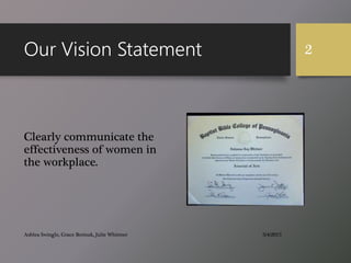 Our Vision Statement
Clearly communicate the
effectiveness of women in
the workplace.
3/4/2015Ashlea Swingle, Grace Borisuk, Julie Whitmer
2
 