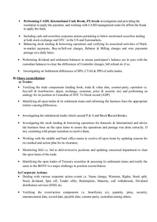 resume manager bank reconciliation recon Resume and new settlement