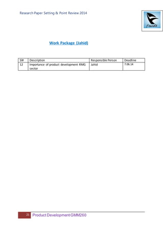 Research Paper Setting & Point Review 2014
21 Product DevelopmentGMM260
Work Package (Jahid)
Sl# Description Responsible Person Deadline
12 Importance of product development RMG
sector
Jahid 7.06.14
 