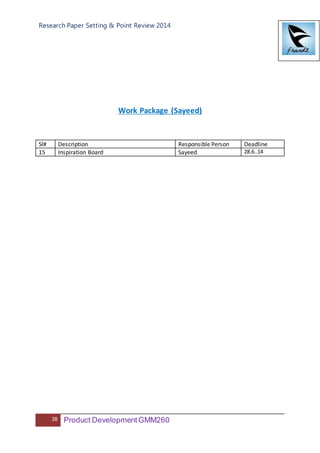 Research Paper Setting & Point Review 2014
28 Product DevelopmentGMM260
Work Package (Sayeed)
Sl# Description Responsible Person Deadline
15 Inspiration Board Sayeed 28.6..14
 