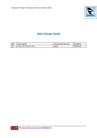 Research Paper Setting & Point Review 2014
43 Product DevelopmentGMM260
Work Package (Saad)
Sl# Description Responsible Person Deadline
24 Design development sheet Saad NotFixed
 