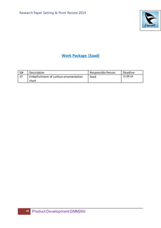 Research Paper Setting & Point Review 2014
48 Product DevelopmentGMM260
Work Package (Saad)
Sl# Description Responsible Person Deadline
27 Embellishment of surface ornamentation
chart
Saad 11.09.14
 