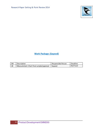 Research Paper Setting & Point Review 2014
50 Product DevelopmentGMM260
Work Package (Sayeed)
Sl# Description Responsible Person Deadline
28 Measurement Chart final sample/approval Sayeed NotFixed
 