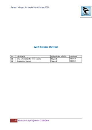 Research Paper Setting & Point Review 2014
60 Product DevelopmentGMM260
Work Package (Sayeed)
Sl# Description Responsible Person Deadline
31 SMV calculation for final sample Sayeed 11.09.14
38 Requisition Format Sayeed 11.09.14
 