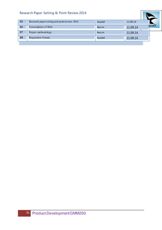 Research Paper Setting & Point Review 2014
70 Product DevelopmentGMM260
35 Research paper setting and point review 2014 Sayeed 11.09.14
36 Consumption of Shirt Nasim 11.09.14
37 Project methodology Nasim 11.09.14
38 Requisition Format Sayeed 11.09.14
 