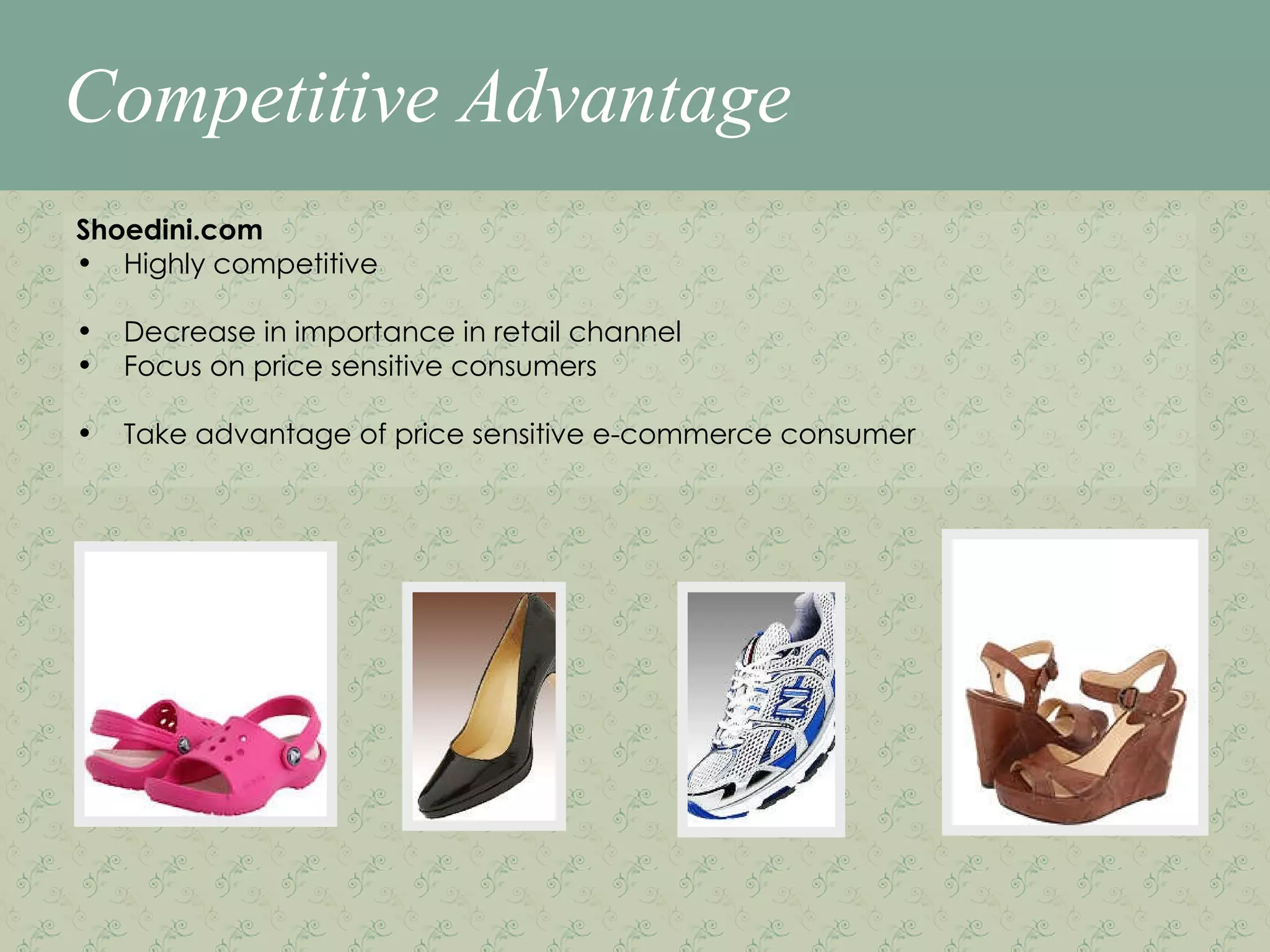 Competitive Advantage Shoedini.com Highly competitive Decrease in importance in retail channel Focus on price sensitive consumers Take advantage of price sensitive e-commerce consumer 