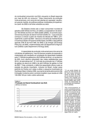 do combustível consumido nos EUA, enquanto no Brasil responde
por mais de 40% do consumo.11
Esse crescimento da produção
norte-americana, com cerca de cem plantas em operação, resultou,
em grande medida, de políticas públicas mobilizadas principalmen-
te a partir de 2000 e de fortes subsídios ao setor.
Os Estados Unidos são o maior consumidor mundial de
gasolina (530 bilhões de litros, em 2004) e a expectativa é de alcan-
çar 700 bilhões de litros em 2025 [CGEE (2005)]. O aumento expo-
nencial da produção de etanol nos EUA (Gráfico 5) – cuja produção
começou a crescer a partir de meados da década de 1990 e, prin-
cipalmente, a partir de 2003 – deve-se a uma série de medidas fiscais
e incentivos desde o Programa da Biomassa, de 2000, e das políticas
agrícola (Title IX da Farm Bell, de 2002) e de energia (US Energy
Policy Act, de 2005), implementadas pelo US Department of Agricul-
ture (USDA) e pelo Department of Energy (DoE).
A capacidade de produção norte-americana é de cerca de
4,8 bilhões de galões/ano, mas há diversos projetos de expansão e
implantação que resultarão em ampliação da capacidade instalada
para 7,7 bilhões de galões/ano (29,2 bilhões de litros), um acréscimo
de 60% (com alcance antecipado das metas estabelecidas para
2012). As estimativas da F. O. Licht são da produção de 4,7 bilhões
de galões de etanol em 2006 e de até 8 bilhões de galões no final
de 2007.12
Hoje, entretanto, o déficit de capacidade coloca o país na
posição de grande importador, inclusive do Brasil, muitas vezes
partindo do Caribe com vistas a utilizar o esquema incentivado do
Caribbean Basin Initiative (CBI), que isenta da tarifa adicional de US$
0,54/galão incidente sobre o produto brasileiro (que resulta em US$
140-US$ 150 por metro cúbico adicional).
BNDES Setorial, Rio de Janeiro, n. 25, p. 5-38, mar. 2007 17
11O uso ainda limitado do
etanol nos EUA decorre de
ser feito quase exclusiva-
mente do amido de milho,
em um processo menos efi-
ciente e que compete com
os outros usos [Technology
Review (2006)], além, obvia-
mente, da necessidade de
amortização dos investimen-
tos em petróleo.
12Em pronunciamento re-
cente, o presidente america-
no anunciou a meta de corte
de 20% no consumo de ga-
solina, principalmente gra-
ças ao etanol, ampliando o
uso de combustíveis alterna-
tivos dos atuais 7,5 bilhões
de galões anuais para 60 bi-
lhões de galões, em 2030.
Apesar desses números
grandiosos, cabe mencionar
que os 60 bilhões de galões
de combustíveis alternati-
vos, em 2030, substituirão
não mais do que 1 bilhão de
barrisdegasolina(TheWash-
ington Post, 24.1.2007).
Gráfico 5
Produção de Etanol Combustível nos EUA
(Milhões de Galões)
Fonte: DoE.
 