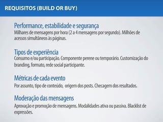 REQUISITOS (BUILD OR BUY)


   Performance, estabilidade e segurança
   Milhares de mensagens por hora (2 a 4 mensagens por segundo). Milhões de
   acessos simultâneos às páginas.

   Tipos de experiência
   Consumo e/ou participação. Componente perene ou temporário. Customização do
   branding, formato, rede social participante.

   Métricas de cada evento
   Por assunto, tipo de conteúdo, origem dos posts. Checagem dos resultados.

   Moderação das mensagens
   Aprovação e promoção de mensagens. Modalidades ativa ou passiva. Blacklist de
   expressões.
 