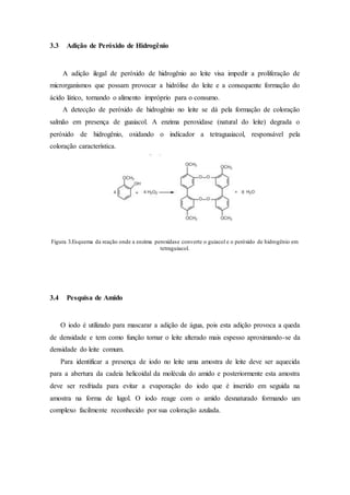 3.3 Adição de Peróxido de Hidrogênio
A adição ilegal de peróxido de hidrogênio ao leite visa impedir a proliferação de
microrganismos que possam provocar a hidrólise do leite e a consequente formação do
ácido lático, tornando o alimento impróprio para o consumo.
A detecção de peróxido de hidrogênio no leite se dá pela formação de coloração
salmão em presença de guaiacol. A enzima peroxidase (natural do leite) degrada o
peróxido de hidrogênio, oxidando o indicador a tetraguaiacol, responsável pela
coloração característica.
Figura 3.Esquema da reação onde a enzima peroxidase converte o guiacol e o peróxido de hidrogênio em
tetraguiacol.
3.4 Pesquisa de Amido
O iodo é utilizado para mascarar a adição de água, pois esta adição provoca a queda
de densidade e tem como função tornar o leite alterado mais espesso aproximando-se da
densidade do leite comum.
Para identificar a presença de iodo no leite uma amostra de leite deve ser aquecida
para a abertura da cadeia helicoidal da molécula do amido e posteriormente esta amostra
deve ser resfriada para evitar a evaporação do iodo que é inserido em seguida na
amostra na forma de lugol. O iodo reage com o amido desnaturado formando um
complexo facilmente reconhecido por sua coloração azulada.
 