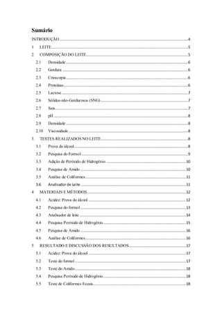 Sumário
INTRODUÇÃO...................................................................................................................4
1 LEITE..........................................................................................................................5
2 COMPOSIÇÃO DO LEITE...........................................................................................5
2.1 Densidade .............................................................................................................6
2.2 Gordura ................................................................................................................6
2.3 Crioscopia.............................................................................................................6
2.4 Proteínas...............................................................................................................6
2.5 Lactose.................................................................................................................7
2.6 Sólidos-não-Gordurosos (SNG)..............................................................................7
2.7 Sais.......................................................................................................................7
2.8 pH........................................................................................................................8
2.9 Densidade .............................................................................................................8
2.10 Viscosidade...........................................................................................................8
3 TESTES REALIZADOS NO LEITE..............................................................................8
3.1 Prova do álcool......................................................................................................8
3.2 Pesquisa do Formol ...............................................................................................9
3.3 Adição de Peróxido de Hidrogênio .......................................................................10
3.4 Pesquisa de Amido ..............................................................................................10
3.5 Análise de Coliformes..........................................................................................11
3.6 Analisador de Leite..............................................................................................11
4 MATERIAIS E MÉTODOS........................................................................................12
4.1 Acidez: Prova do álcool .......................................................................................12
4.2 Pesquisa do formol ..............................................................................................13
4.3 Analisador de leite ...............................................................................................14
4.4 Pesquisa Peróxido de Hidrogênio..........................................................................15
4.5 Pesquisa de Amido ..............................................................................................16
4.6 Análise de Coliformes..........................................................................................16
5 RESULTADO E DISCUSSÃO DOS RESULTADOS...................................................17
5.1 Acidez: Prova do álcool .......................................................................................17
5.2 Teste do formol...................................................................................................17
5.3 Teste do Amido...................................................................................................18
5.4 Pesquisa Peróxido de Hidrogênio..........................................................................18
5.5 Teste de Coliformes Fecais...................................................................................18
 