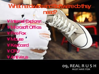 W t ha w rea So a d the
 ha rd a nd ftw re o y
           ne d
             e?
• Inte t Exp re
      rne   lo r.
• Mic s ft Offic .
      ro o      e
• FireFo x
• Mo e
     us
• Ke o rd
     yb a
•C UP
• Antivirus
 