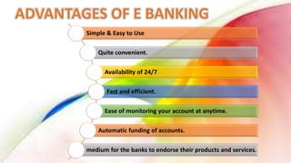 Simple & Easy to Use
Quite convenient.
Availability of 24/7
Fast and efficient.
Ease of monitoring your account at anytime.
Automatic funding of accounts.
medium for the banks to endorse their products and services.
 