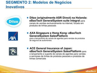SEGMENTO 2: Modelos de Negócios
         Inovativos

                                                         Ditzo (originalmente ASR Direct) na Holanda:
                                                         eBaoTech GeneralSystem suite integral para
                                                         canais de vendas exclusivamente na internet, focado em
                                                         produtos de linhas pessoais


                                                         AXA Singapure e Hong Kong: eBaoTech
                                                         GeneralSystem SalesPlatform
                                                         para o lançamento de canais de agentes para vendas de produtos
                                                         de seguros de automóveis



                                                         ACE General Insurance of Japan:
                                                         eBaoTech GeneralSystem SalesPlatform para
                                                         o lançamento e suporte de canais de agentes para vendas
                                                         e serviçoes de linhas de produtos pessoais e produtos de
                                                         linhas comerciais




                                                                              18
Copyright © 2012 eBaoTech Corporation. All rights reserved.
 