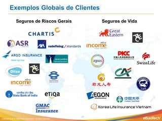 Exemplos Globais de Clientes

                 Seguros de Riscos Gerais                          Seguros de Vida




                                                              20
Copyright © 2012 eBaoTech Corporation. All rights reserved.
 