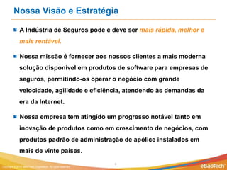 Nossa Visão e Estratégia

              A Indústria de Seguros pode e deve ser mais rápida, melhor e
              mais rentável.

              Nossa missão é fornecer aos nossos clientes a mais moderna
              solução disponível em produtos de software para empresas de
              seguros, permitindo-os operar o negócio com grande
              velocidade, agilidade e eficiência, atendendo às demandas da
              era da Internet.

              Nossa empresa tem atingido um progresso notável tanto em
              inovação de produtos como em crescimento de negócios, com
              produtos padrão de administração de apólice instalados em
              mais de vinte países.
                                                              6
Copyright © 2012 eBaoTech Corporation. All rights reserved.
 