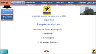 Présentatio
n
d’organism
eOrganisatio
n
Une société Anonyme marocaine ,crée en 1998.
Siège à Rabat.
Entreprise multiservices.
ebarki@ Contexte du
projet
ConclusionConcepti
on
Organisme d’accueil Etude
technique
Etude de
l’existant
Réalisati
on
Services de Barid Al-Maghrib
 le courrier
 la messagerie
 les services financiers
4
 