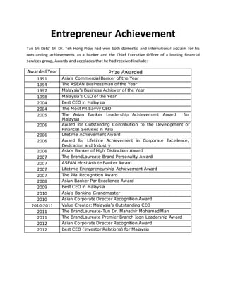 Entrepreneur Achievement 
Tan Sri Dato’ Sri Dr. Teh Hong Piow had won both domestic and international acclaim for his 
outstanding achievements as a banker and the Chief Executive Officer of a leading financial 
services group, Awards and accolades that he had received include: 
Awarded Year Prize Awarded 
1991 Asia’s Commercial Banker of the Year 
1994 The ASEAN Businessman of the Year 
1997 Malaysia’s Business Achiever of the Year 
1998 Malaysia’s CEO of the Year 
2004 Best CEO in Malaysia 
2004 The Most PR Savvy CEO 
2005 The Asian Banker Leadership Achievement Award for 
Malaysia 
2006 Award for Outstanding Contribution to the Development of 
Financial Services in Asia 
2006 Lifetime Achievement Award 
2006 Award for Lifetime Achievement in Corporate Excellence, 
Dedication and Industry 
2006 Asia’s Banker of High Distinction Award 
2007 The BrandLaureate Brand Personality Award 
2007 ASEAN Most Astute Banker Award 
2007 Lifetime Entrepreneurship Achievement Award 
2007 The Pila Recognition Award 
2008 Asian Banker Par Excellence Award 
2009 Best CEO in Malaysia 
2010 Asia’s Banking Grandmaster 
2010 Asian Corporate Director Recognition Award 
2010-2011 Value Creator: Malaysia’s Outstanding CEO 
2011 The BrandLaureate-Tun Dr. Mahathir Mohamad Man 
2011 The BrandLaureate Premier Branch Icon Leadership Award 
2012 Asian Corporate Director Recognition Award 
2012 Best CEO (Investor Relations) for Malaysia 
 