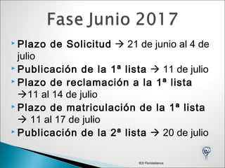  Plazo de Solicitud  21 de junio al 4 de
julio
 Publicación de la 1ª lista  11 de julio
 Plazo de reclamación a la 1ª lista
11 al 14 de julio
 Plazo de matriculación de la 1ª lista
 11 al 17 de julio
 Publicación de la 2ª lista  20 de julio
IES Floridablanca
 