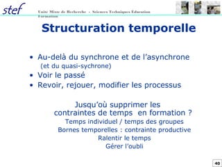 40
Unité Mixte de Recherche - Sciences Techniques Éducation
Formation
Structuration temporelle
• Au-delà du synchrone et de l’asynchrone
(et du quasi-sychrone)
• Voir le passé
• Revoir, rejouer, modifier les processus
Jusqu’où supprimer les
contraintes de temps en formation ?
Temps individuel / temps des groupes
Bornes temporelles : contrainte productive
Ralentir le temps
Gérer l’oubli
 