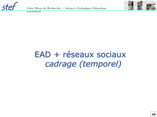 49
Unité Mixte de Recherche - Sciences Techniques Éducation
Formation
EAD + réseaux sociaux
cadrage (temporel)
 