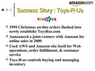 Success Story : Toys-R-UsSuccess Story : Toys-R-Us
 1999 Christmas on-line orders flushed into
newly establishe ToysRus.com
 Announced a joint-venture with Amazon for
online sales in 2000
 Used AWS and Amazon site itself for Web
operations, order fulfillment, & customer
service
 Toys-R-us controls buying and managing
inventory
 