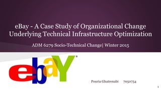 eBay - A Case Study of Organizational Change
Underlying Technical Infrastructure Optimization
Pouria Ghatrenabi 7050754
ADM 6279 Socio-Technical Change| Winter 2015
1
 