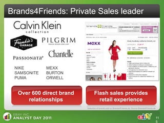 Brands4Friends: Private Sales leader




 NIKE        MEXX
 SAMSONITE   BURTON
 PUMA        ORWELL


  Over 600 direct brand          Flash sales provides
     relationships                 retail experience
                          Selection of brands sold on Brands4Friends.de; Source Brands4Friends.de



                                                                                                    11
                                                                                                    5
 