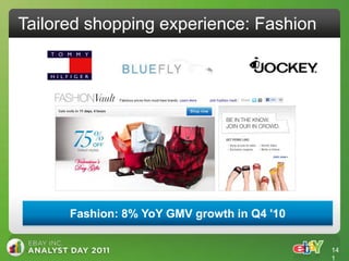 Tailored shopping experience: Fashion




      Fashion: 8% YoY GMV growth in Q4 '10


                                             14
                                             1
 