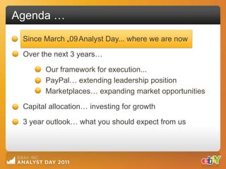 Agenda …
 Since March „09 Analyst Day... where we are now

 Over the next 3 years…

       Our framework for execution...
       PayPal… extending leadership position
       Marketplaces… expanding market opportunities

 Capital allocation… investing for growth

 3 year outlook… what you should expect from us
 