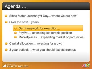 Agenda …
 Since March „09 Analyst Day... where we are now

 Over the next 3 years…

       Our framework for execution...
       PayPal… extending leadership position
       Marketplaces… expanding market opportunities

 Capital allocation… investing for growth

 3 year outlook… what you should expect from us
 