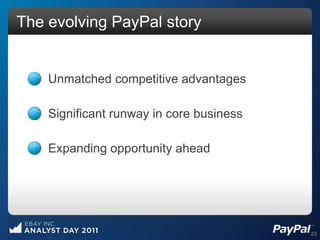The evolving PayPal story


    Unmatched competitive advantages

    Significant runway in core business

    Expanding opportunity ahead




                                          23
 