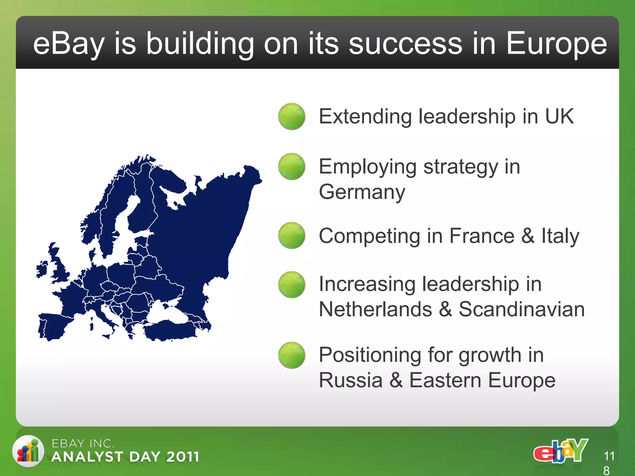 eBay is building on its success in Europe

                    Extending leadership in UK

                    Employing strategy in
                    Germany

                    Competing in France & Italy

                    Increasing leadership in
                    Netherlands & Scandinavian

                    Positioning for growth in
                    Russia & Eastern Europe


                                                  11
                                                  8
 