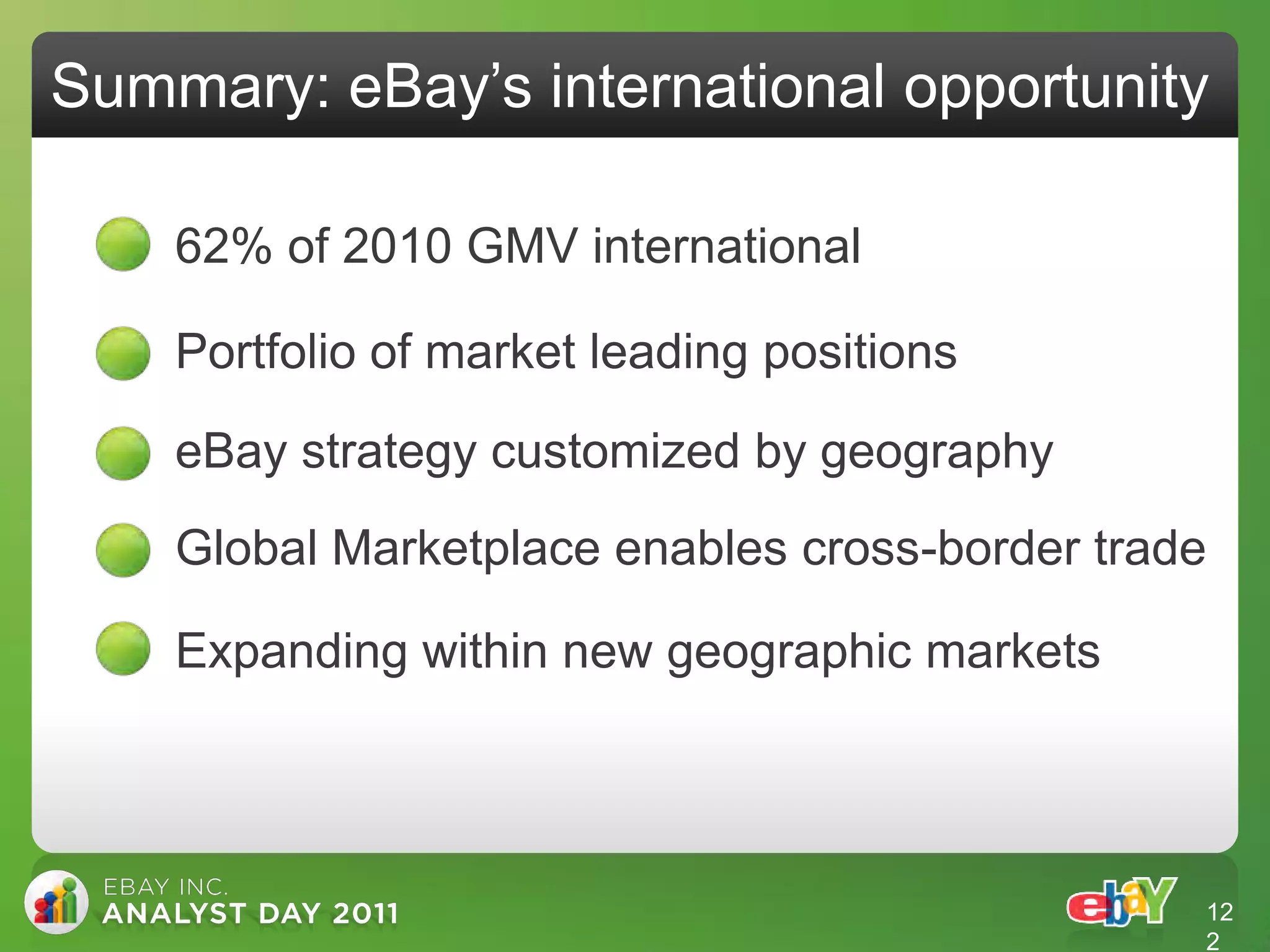 Summary: eBay‟s international opportunity

    62% of 2010 GMV international

    Portfolio of market leading positions

    eBay strategy customized by geography
    Global Marketplace enables cross-border trade

    Expanding within new geographic markets




                                                12
                                                2
 